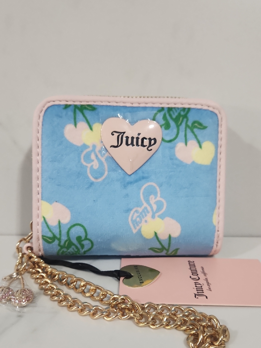 Juicy Couture Blue Pink Heart Logo Zip Wallet